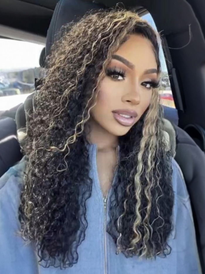 [With Gift]  From 22" Pre-Cut 6x4.5 Glueless Lace Honey Brown Highlights Jerry Curly Wig With Bleached Knots 200% Density