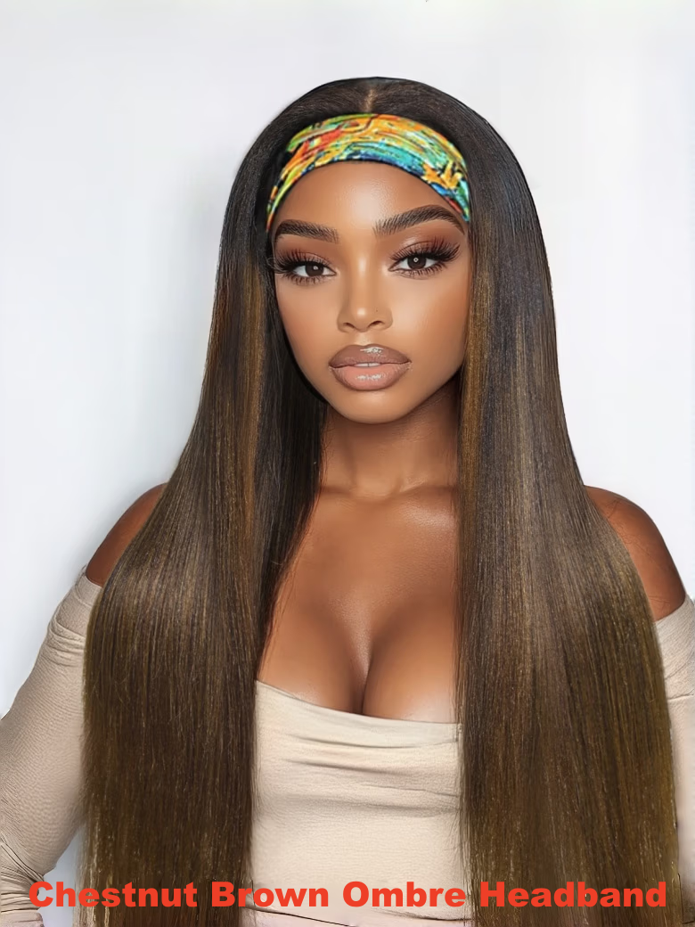 From 22'' Low Maintenance Put On & Go Chestnut Brown Ombre Yaki Straight Headband& Black Afro Kinky Curly Half Wigs 150% Density Wig Human Hair Glueless Wig