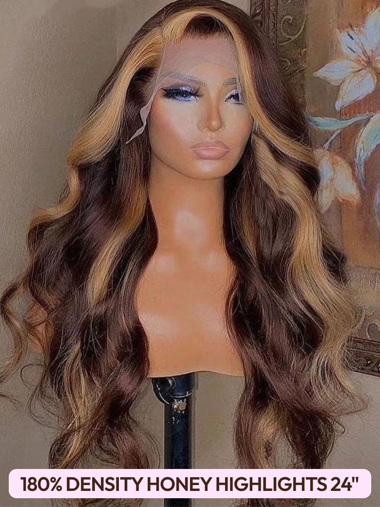 [All 24"=$149] 200%/ 180% Density 13x4 Front Lace Chocolate Brown/ Honey Highlights/ Burnt Orange Wigs