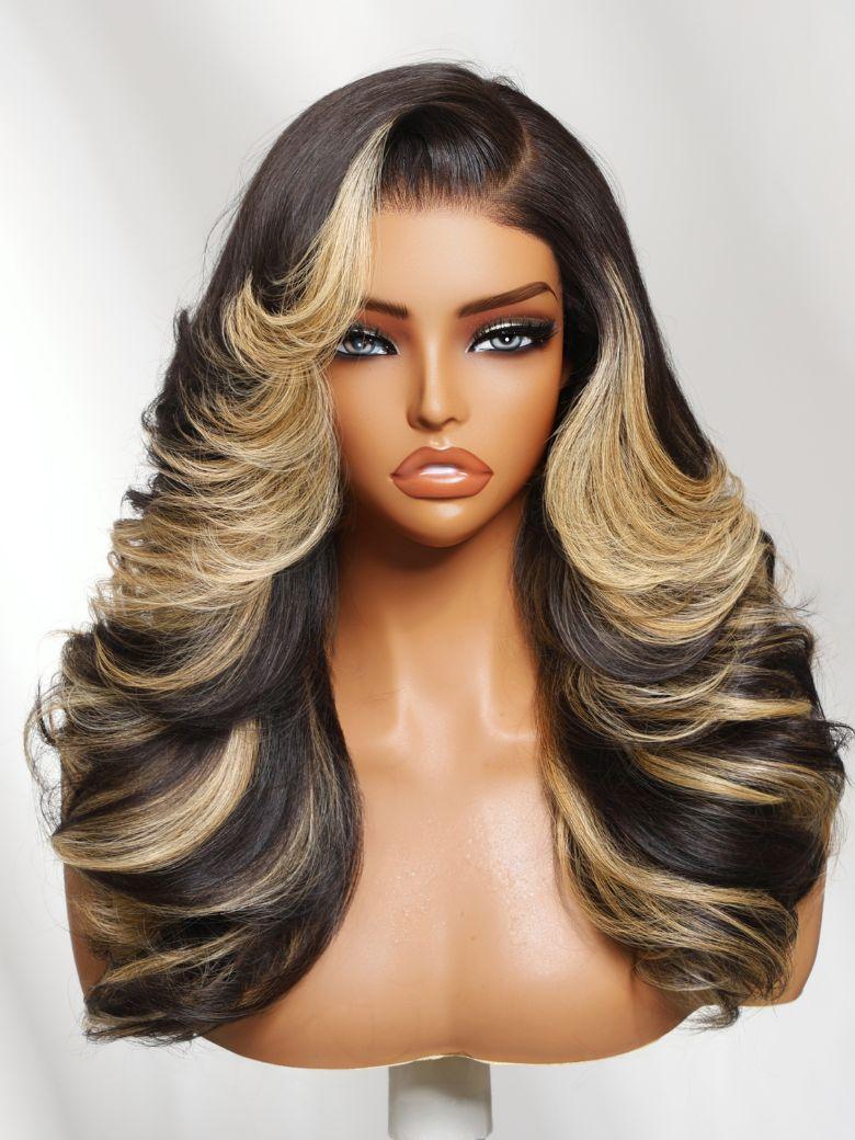UNice 7x5 Bye-Bye Slip™ Lace Black With Platinum Blonde Highlights Side Part Loose Curls Wigs With Feathered Hair