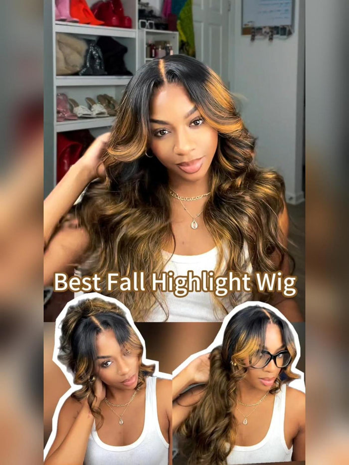 [US Only] [Only 20 new users needed] 20 Inch 7x5 Bye Bye Knots™ Wig Glueless Lace Balayage Highlight Body Wave Drawstring Curtain Bangs Wig