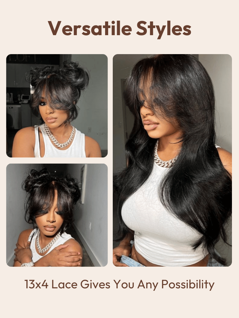 13x4 Pre-Everything Lace Frontal Black Fluffy Natural Loose Wave Curtain Bangs Wig