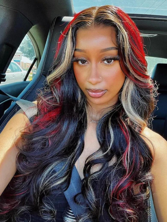 [24''=$129] 7x5 Bye Bye Knots™ Glueless Lace Red Blonde Highlights Loose Wave & Natural Black Kinky Curly Wig