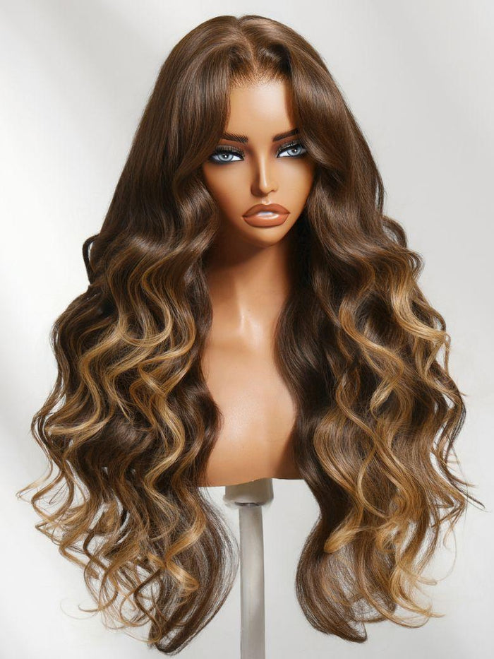 [24''= $129] UNice Bye-Bye Slip™ 7x5 Lace Deep Brown with Caramel Higlights Loose Wave Drawstring Glueless Wig
