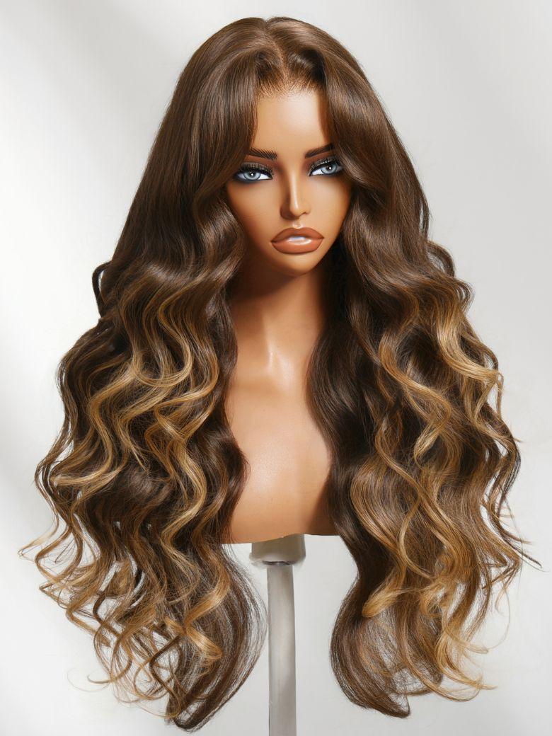 UNice Bye-Bye Slip™ 7x5 Lace Deep Brown with Caramel Higlights Loose Wave Drawstring Glueless Wig