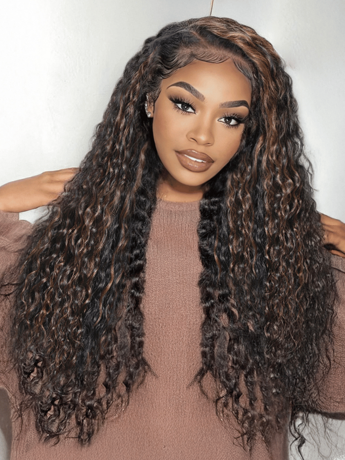 [18"-24"] 7x5 Bye-Bye Knots Lace Water Wave Black Wig With Golden Brown Highlights