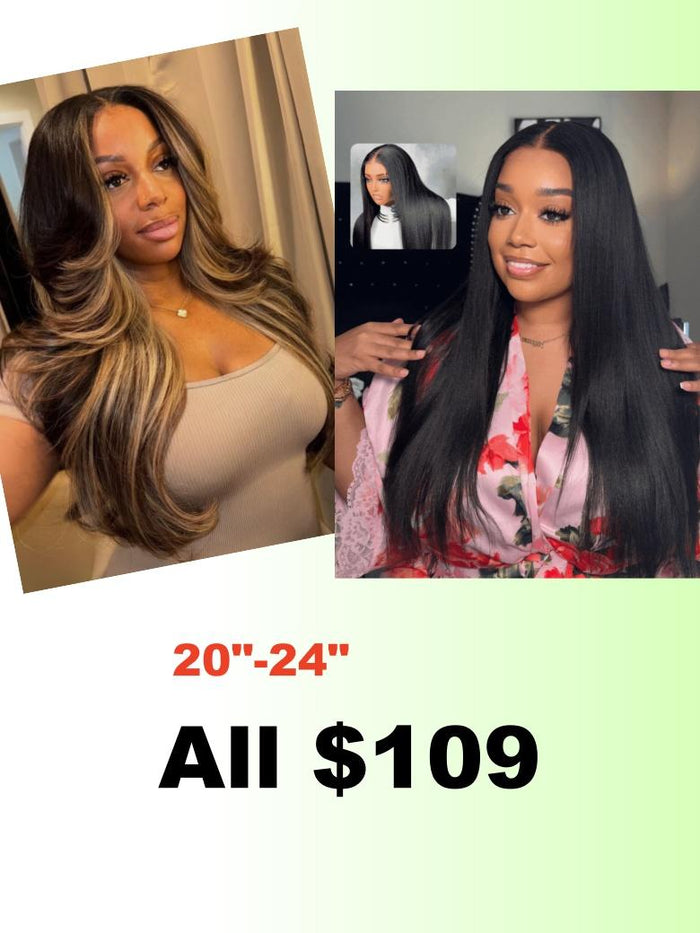 [24"=$109] 7X5 Black /4x4 Pre Cut Yaki Straight Wig Ombre Chestnut Brown& Honey Blonde Higlight 2 Styles In 1 Put On And Go Wig