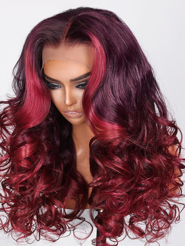 UNice 13x4 Lace Front Burgundy Loose Wave Wig With Ruby Red Face Framing Highlights