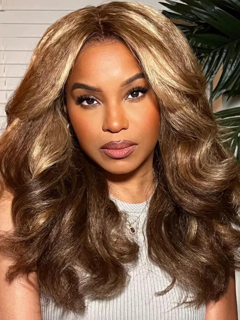 13x4 Lace Frontal Kinky Straight Honey Blonde Highlights Wig 100% Human Hair