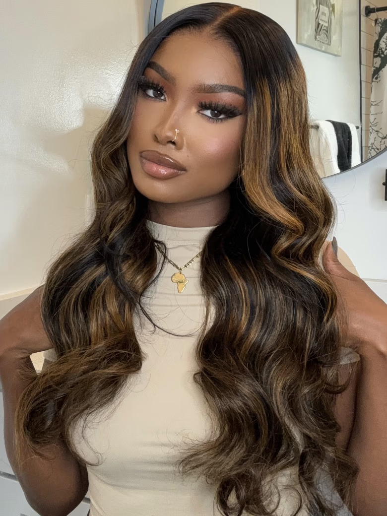 [From 20"] 13X6 Balayage Highlight& 7x5 Bye-Bye Knots Black with Caramel Blonde Highlights Body Wave Lace Wig With Drawstring
