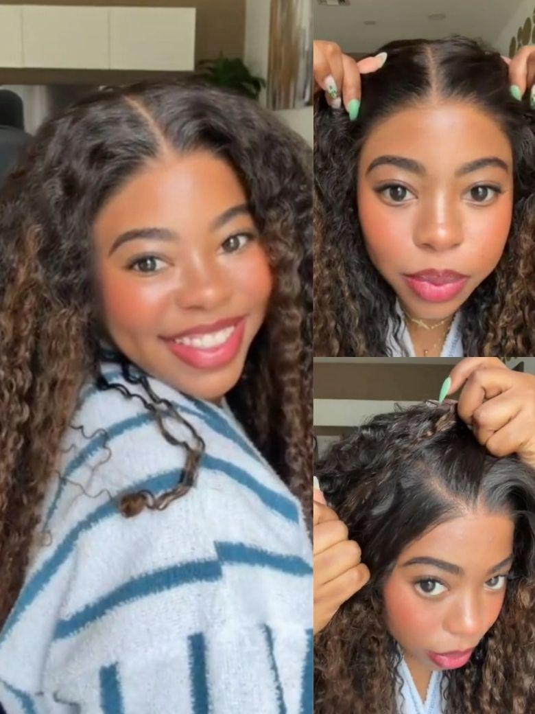 7x5 Bye Bye Slip™ Glueless Lace Black to Chestnut Brown Ombre Burmese Curly With Finger Coil Ends Wig-Put On & Go With Invisi Drawstring