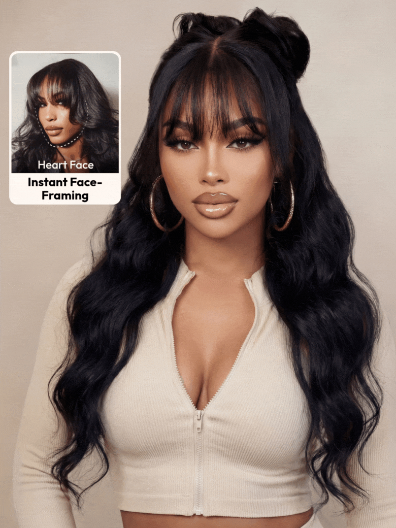 7x5 Bye Bye Knots™ 180% Density Black Fluffy Natural Loose Wave Curtain Bangs Wig