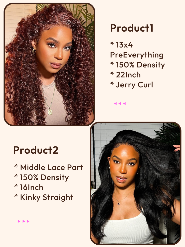 2 Wigs $192 for 22" Reddish Brown 13x4 PreEverything Lace Front Curly Wig And 16" Middle Lace Part Kinky Straight Wig