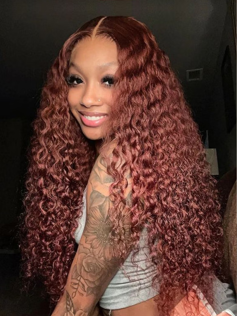 [18" & 22" Same Price] 13x4 Frontal Large Lace Reddish Brown Kinky Curly Bleached Knots Wig