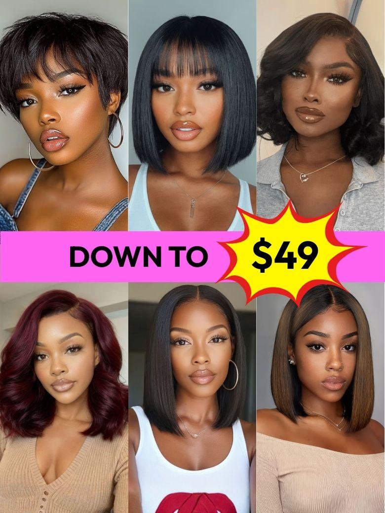 UNice Black Yaki Wig Human Hair Glueless Wig with Blunt Bangs