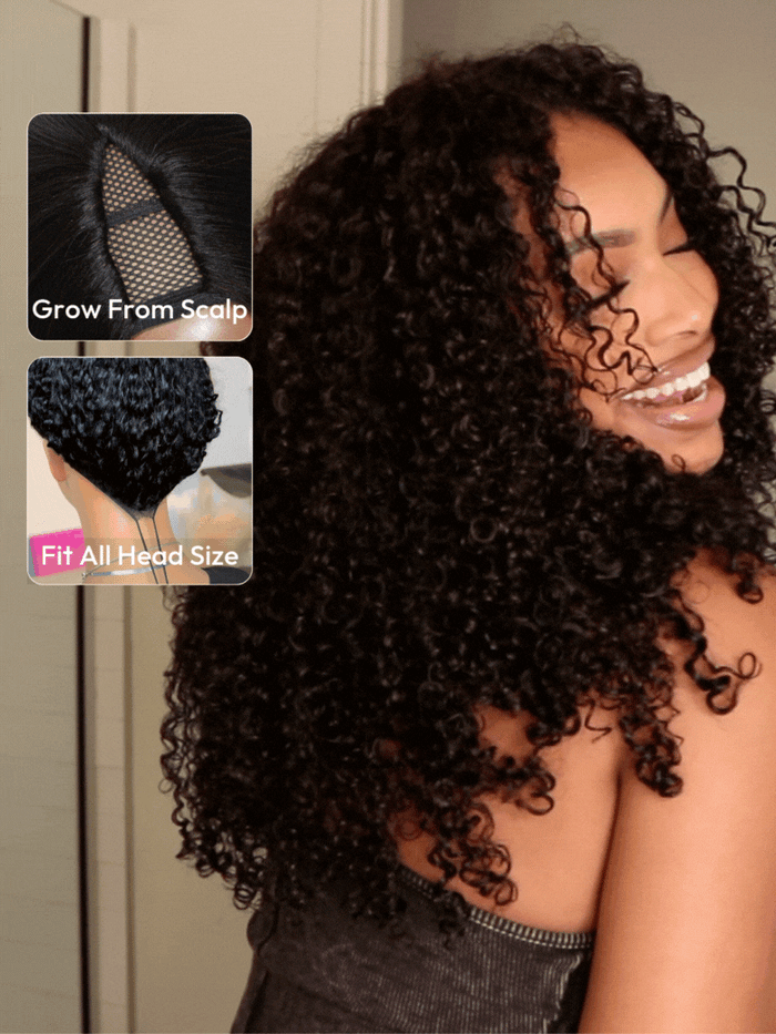 EasiContour V Part Kinky Curly Beginner Friendly Wig Glueless Protective Style Human Hair Wig 150% Density