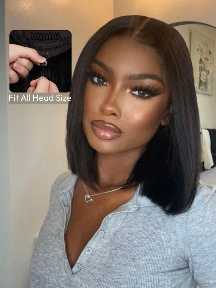 UNice 13x4 Pre-Everything™ & 7x5 Bye Bye Knots™ Drawstring Wig Black Yaki Bob Glueless Bleached Knots Wig