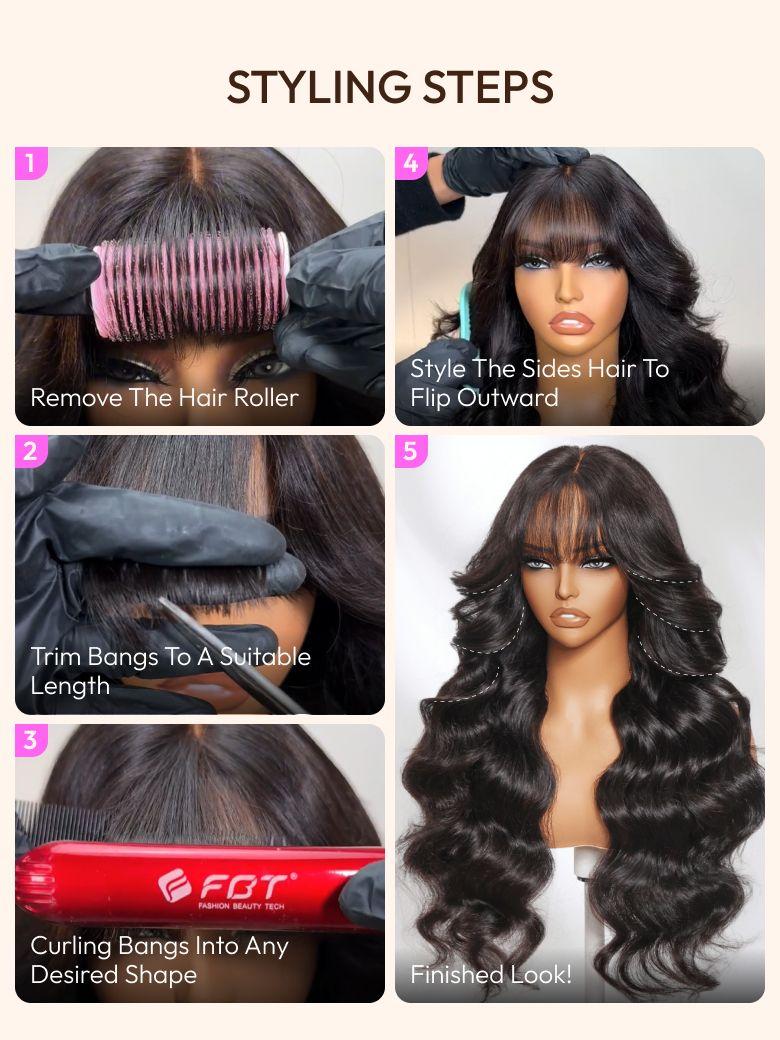 UNice 13x4 Pre-Everything™ Lace Frontal Black Fluffy Natural Loose Wave Curtain Bangs Wig