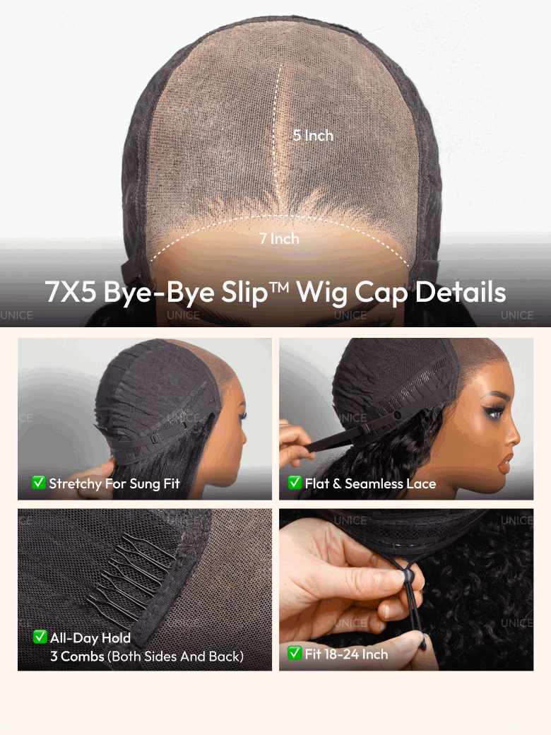UNice 7x5 Bye Bye Slip™ Glueless Lace Black to Chestnut Brown Ombre Bouncy Water Wave Curly Wig with Invisi Drawstring