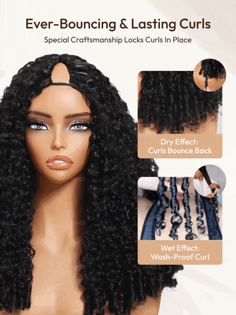 UNice InvisiBlend™ V Part Curly Texture Drawstring Human Hair Wig With Finger Coil Ends