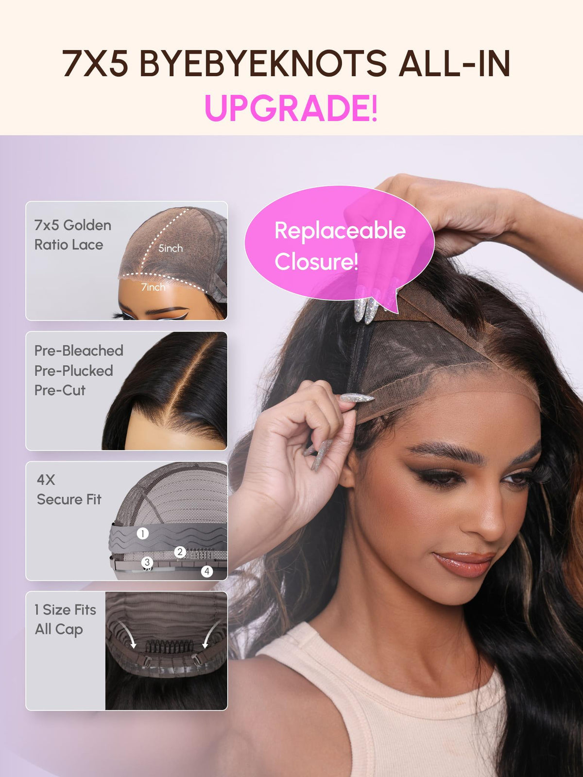 7x5 Bye-bye Knots Magic Lace Wig Natural Black Body Wave With Optional Replaceable Lace Closure 180% Density