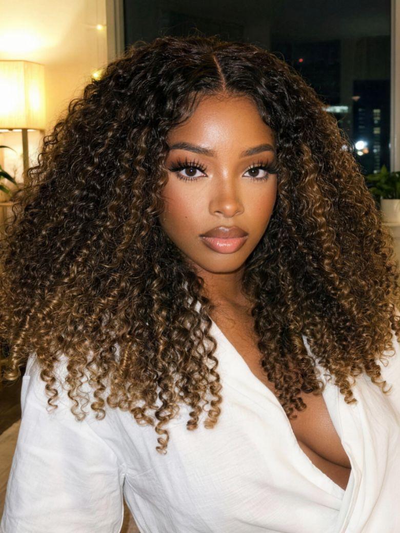 UNice Glueless Curly Wig With Defined Finger Coil Ends Black to Chestnut Brown Ombre Bye-Bye Knots™ 7x5 Lace Drawstring Wig