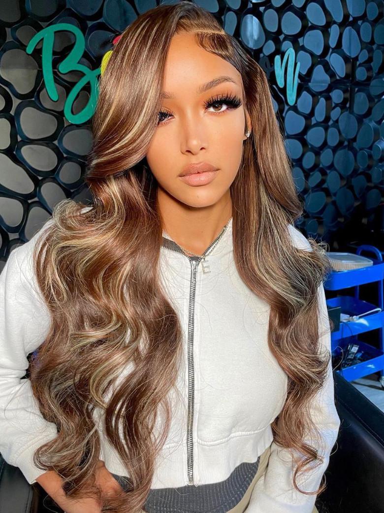 [18"=$99] 7x5 Bye-Bye Knots 180% Density Wig Glueless Lace Honey Blonde Body Wave Wig With Bleached Knots