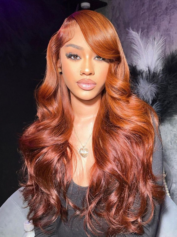 [From 18"] 7x5 Bye Bye Knots Red Orange Highlights Lace Wig with Face Framing Layers Loose Wave 150% Density