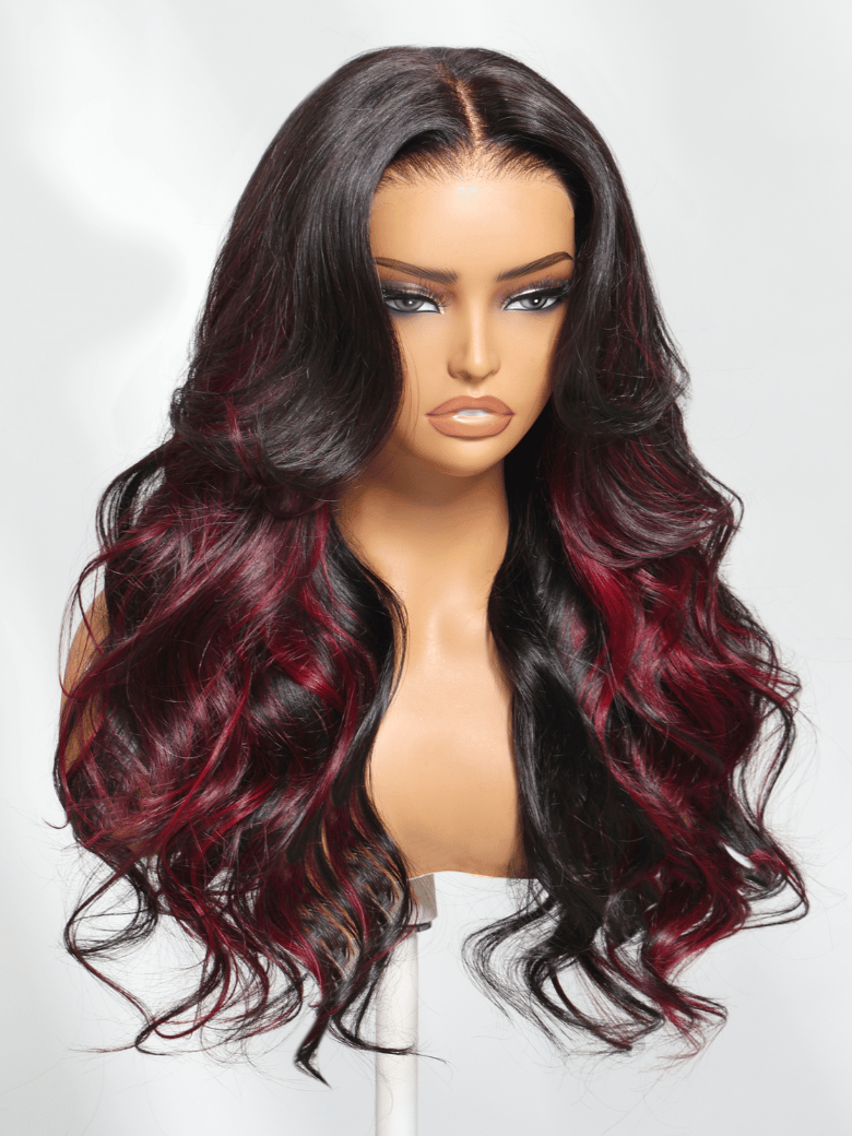 Bye-Bye Knots 7x5 Lace 180% Density Loose Wave Burgundy Highlights Wig with Face Framing Layers