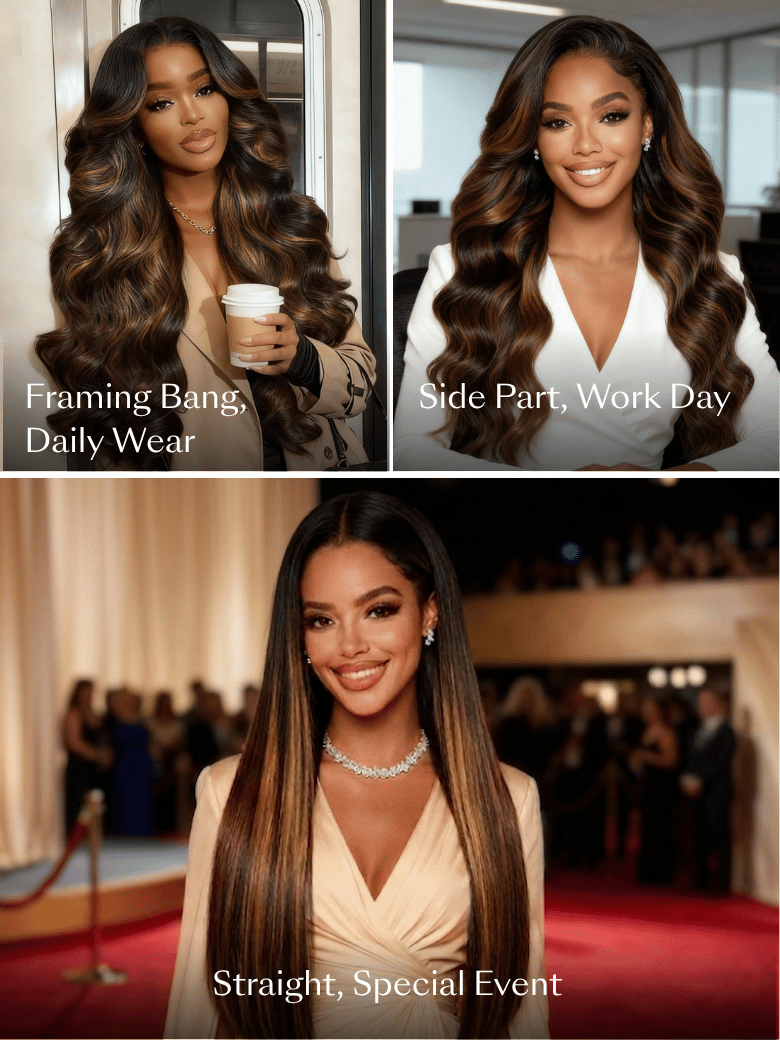 Highlighted brown human hair wig shown in three styles: framing bangs, a professional side part, and sleek straight.