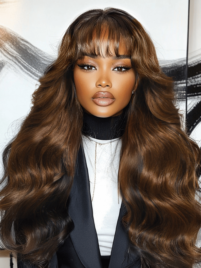 [18''=$89]7x5 Black Brown Money Piece Fluffy Loose Wave Curtain Bangs Wig