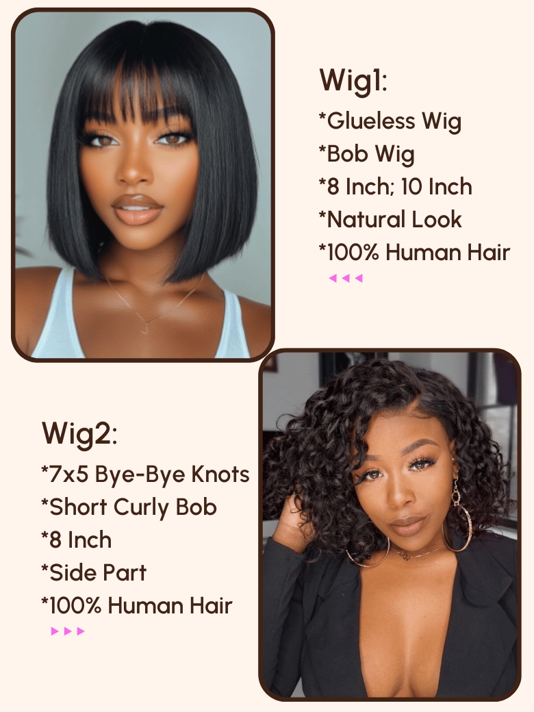 $99=2 Wigs | 16" Lace Part Kinky Curly Wig and 10" Bob Wig with Bang