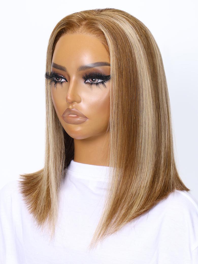 6x4.5 Pre Cut Lace Glueless Bob Wig Honey Blonde Highlights 150% Density