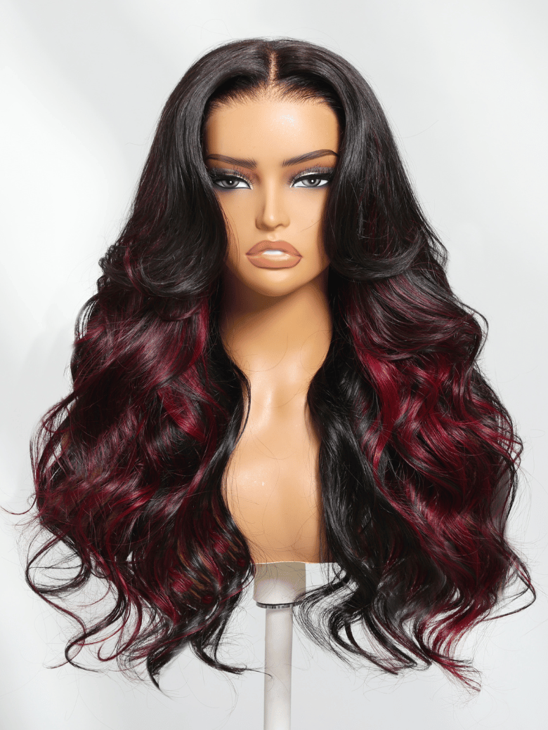 Bye-Bye Knots 7x5 Lace 180% Density Loose Wave Burgundy Highlights Wig with Face Framing Layers