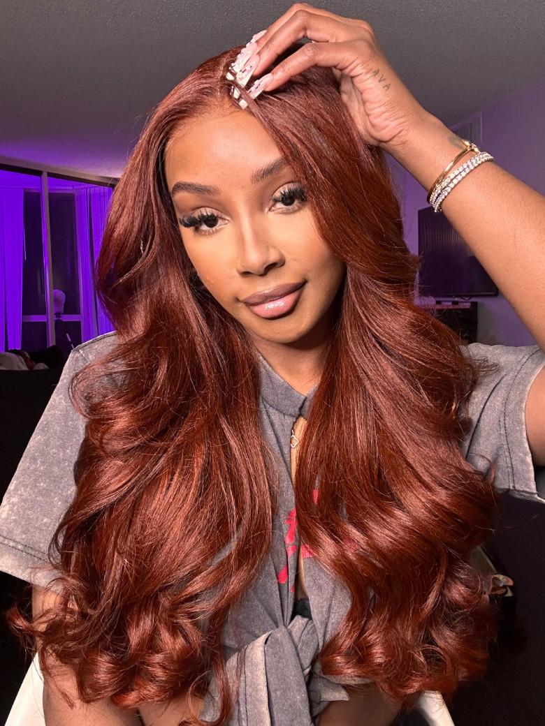 Bye Bye Knots Wig 7x5 Glueless Lace Reddish Brown Yaki Wig With Pre-plucked Hairline Bouncy 150% Density