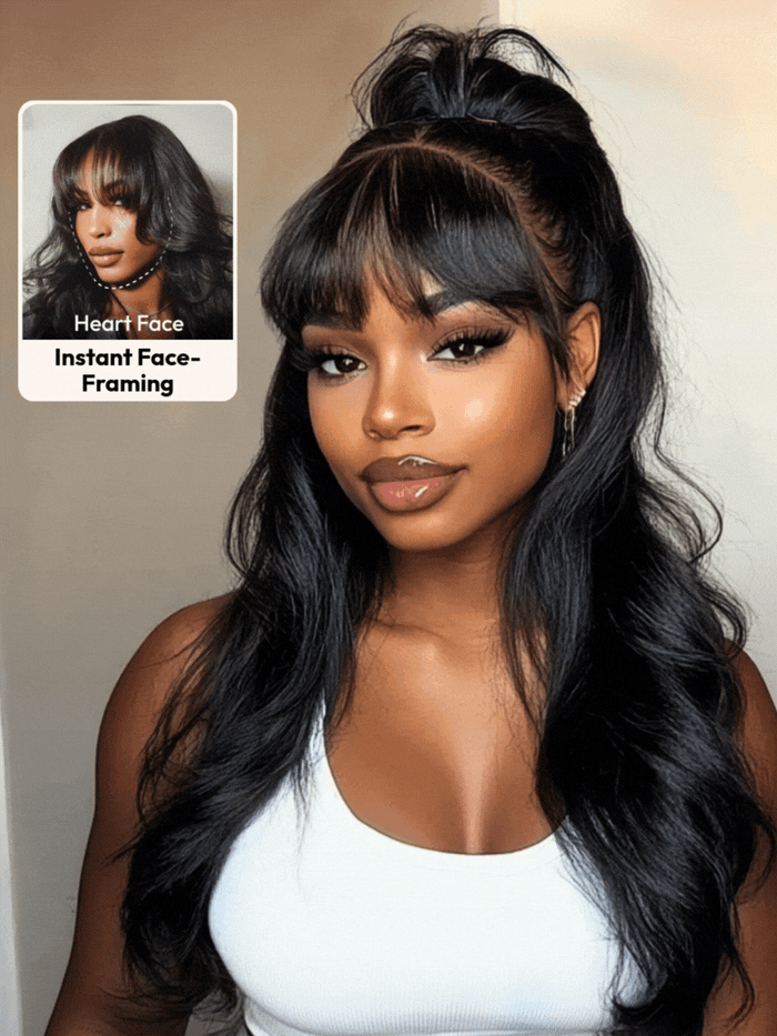 [Free Wig For All Length] 7x5 Bye Bye Knots™ 180% Density Black Fluffy Natural Loose Wave Curtain Bangs Wig with Invisi Drawstring