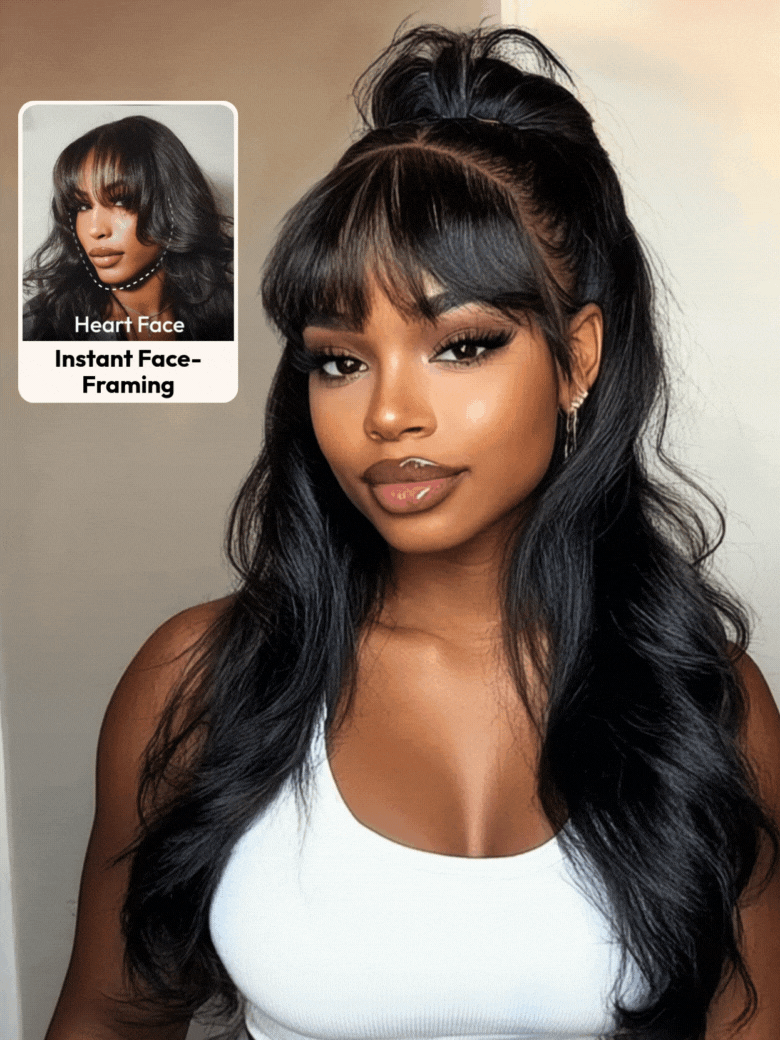 [From 24"]13x4 Pre-Everything Lace Frontal Pull And Go Black Fluffy Natural Loose Wave Curtain Bangs Wig