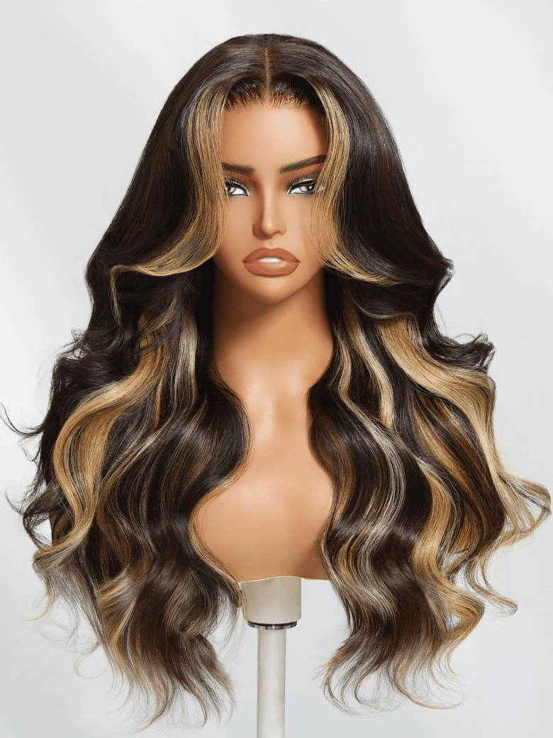 7x5 Lace Bye-Bye Knots Wig Loose Wave Butterscotch Highlights Brown Wig 150% Density