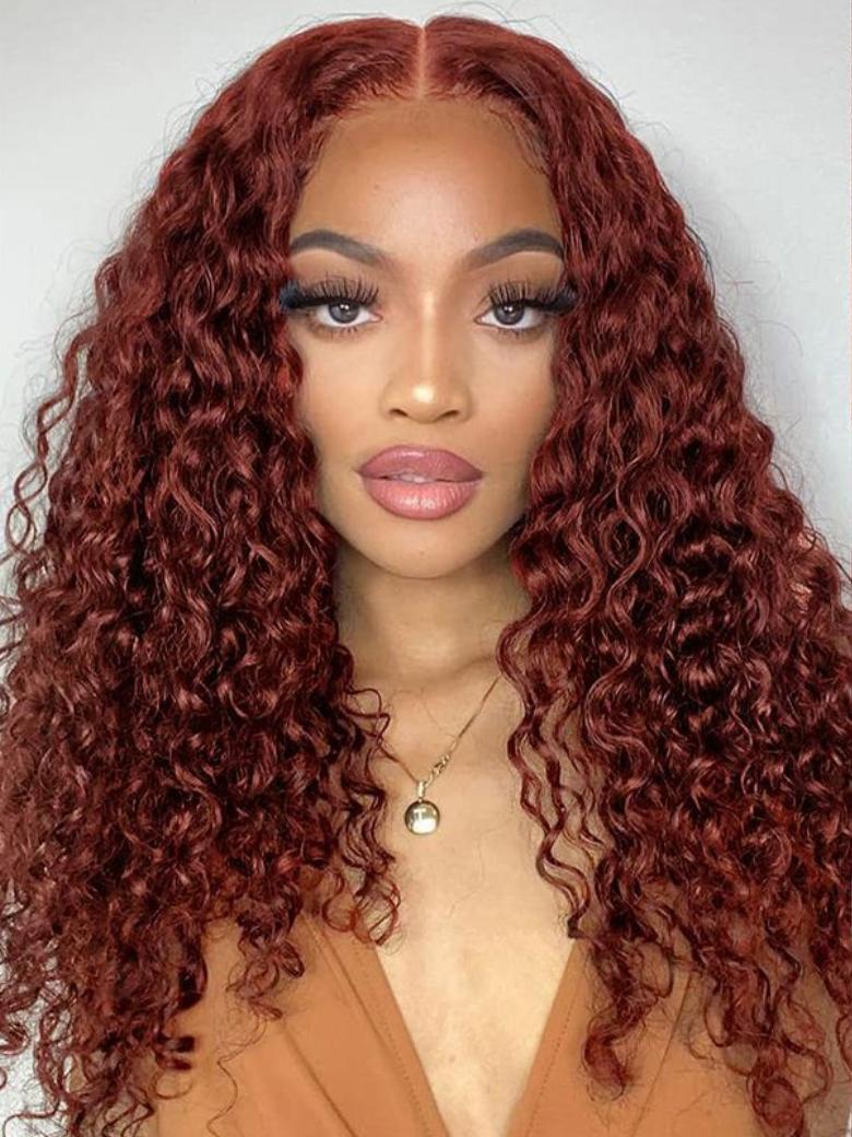 13x4 Pre Everything Glueless Reddish Brown Water Wave Wig Pre-Cut Lace Pre-Bleached Knots