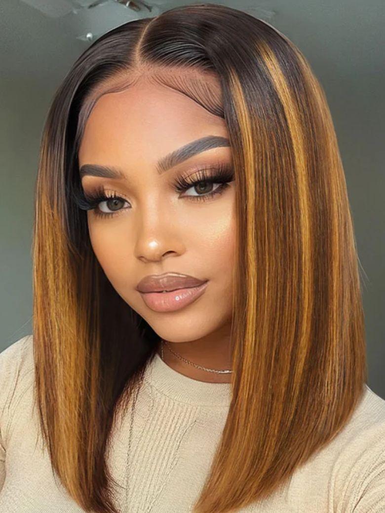 [Down To $89] Bye-Bye Knots 7x5 Lace Brown With Blonde Piano Highlights Blunt Bob Wig with Dark Roots