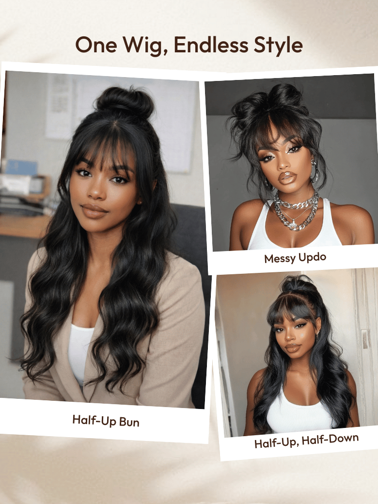 7x5 Bye Bye Knots™ 180% Density Black Fluffy Natural Loose Wave Curtain Bangs Wig