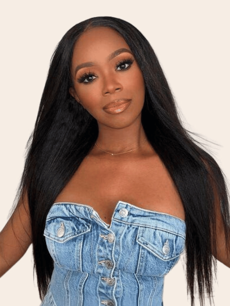 [18"=$99] EasiContour™ V Part Glueless Yaki Straight Natural Black Wig With Invisi Drawstring 100% Human Hair