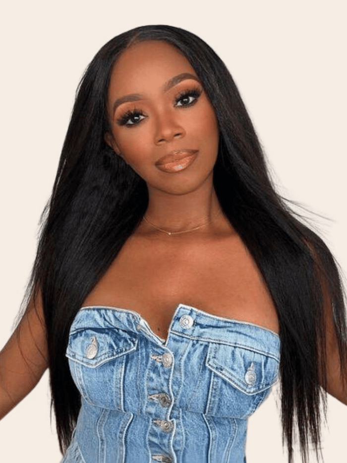 [18"=$99] EasiContour™ V Part Glueless Yaki Straight Natural Black Wig With Invisi Drawstring 100% Human Hair
