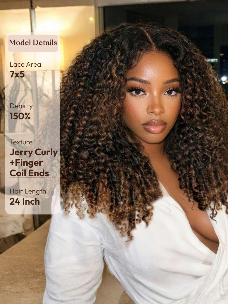 EasiContour™ V Part Black to Chestnut Brown Jerry Curly Drawstring Wig & 7x5 Bye Bye Slip™ Glueless Lace Burmese Curly With Finger Coil Ends Wig