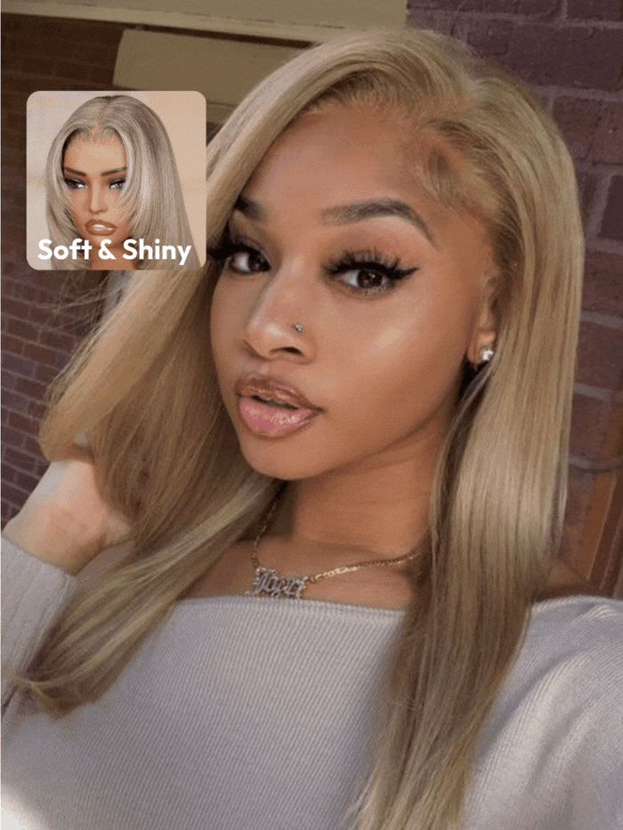 7x5 Bye-Bye Knots Lace Wig Blonde with Brown Root Straight Bob Wig
