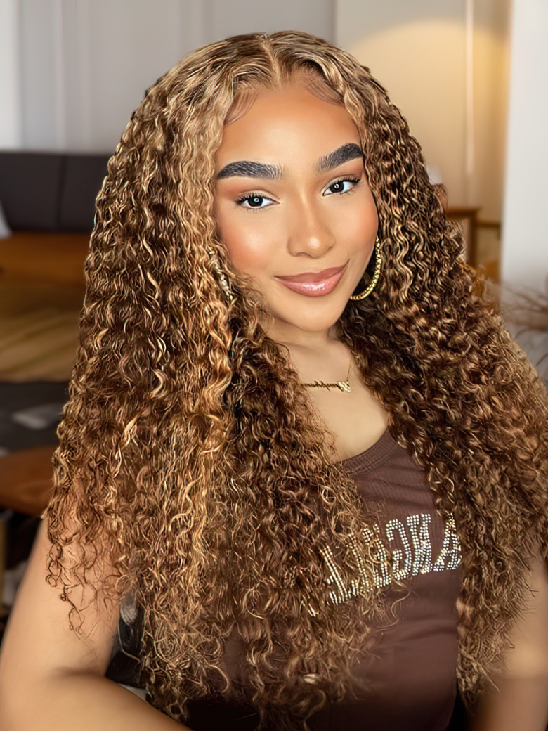 [180% Density] Bye Bye Knots Wig 7x5 Glueless Lace Honey Brown Highlights Jerry Curly Wig With Bleached Knots