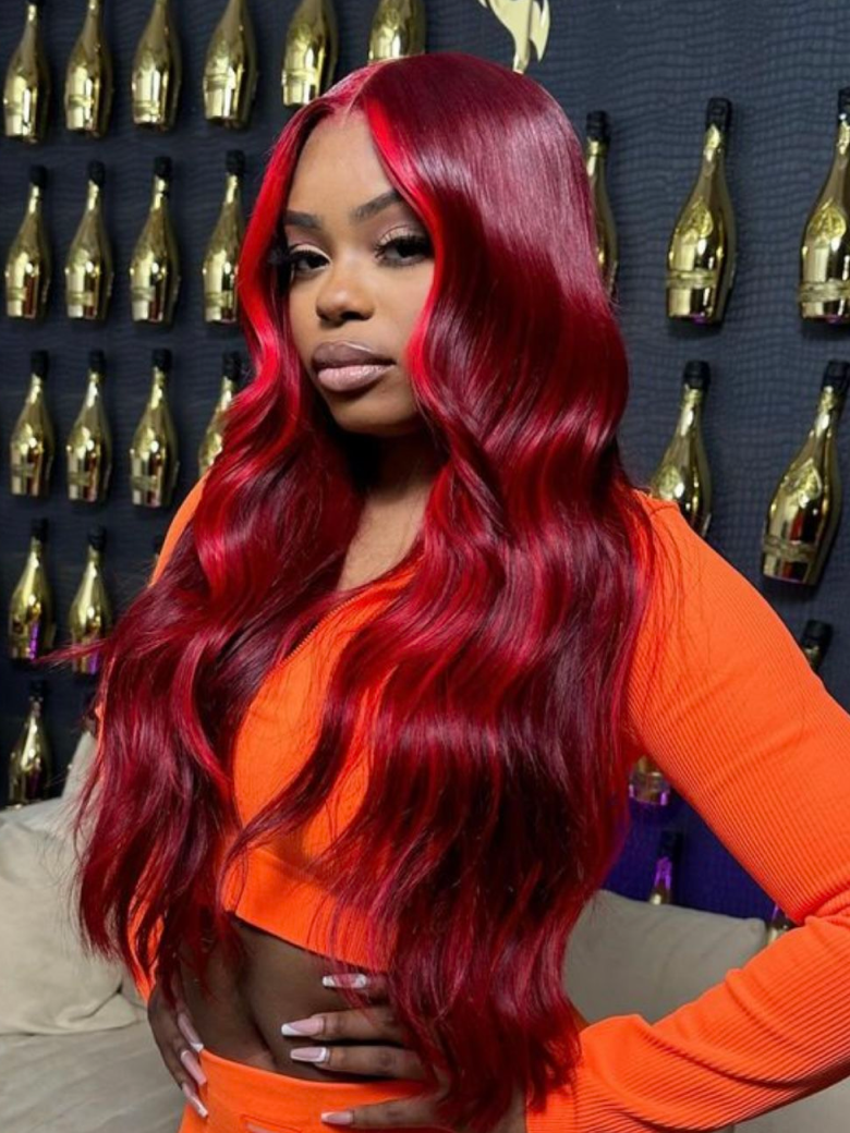 [22"=$97] 13x4 Lace Front Wig Burgundy Highlight Kinky Straight Lace Front Wig 150% Density