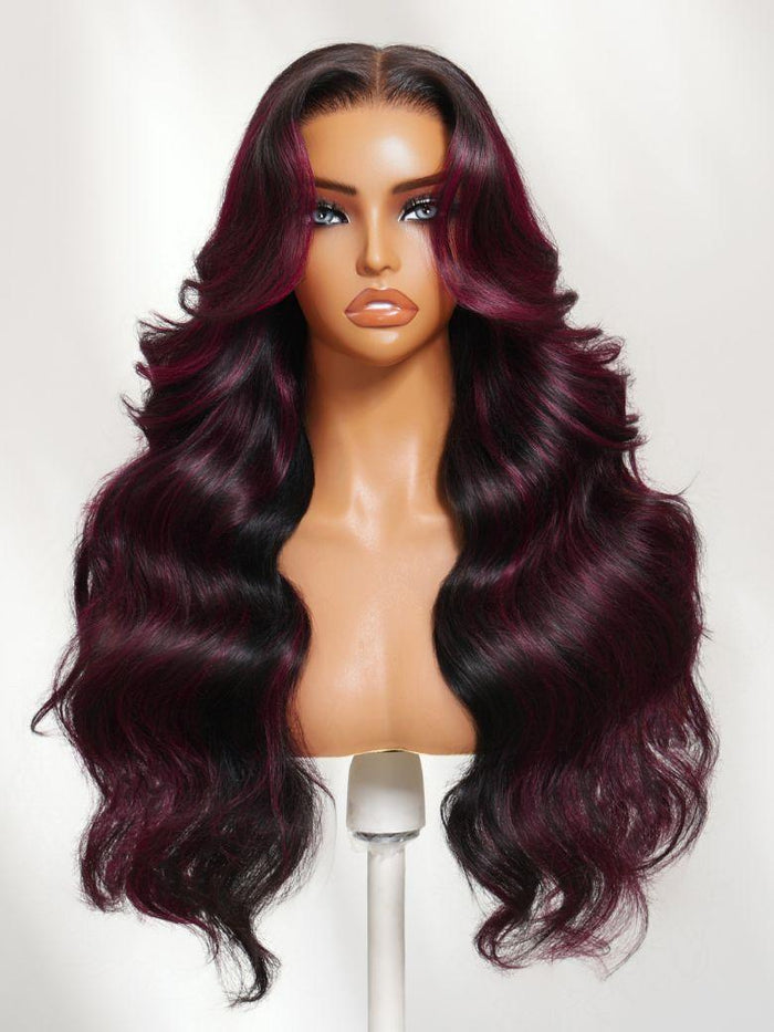 13x4 Pre-Everything™ Lace Frontal Black With Burgundy Highlights Loose Wave Wig with Face Framing Layers