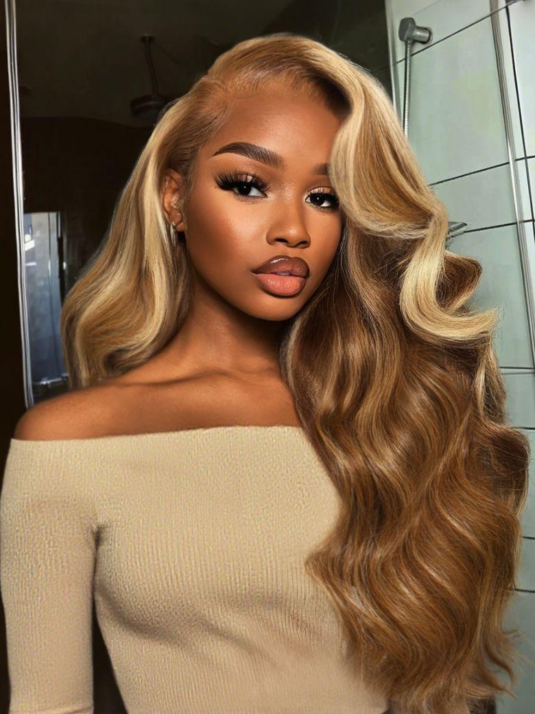 Soft Golden Blonde Highlights Fluffy Loose Wave Full Bangs 13x4 Pre-Everything™ Lace Frontal Wig