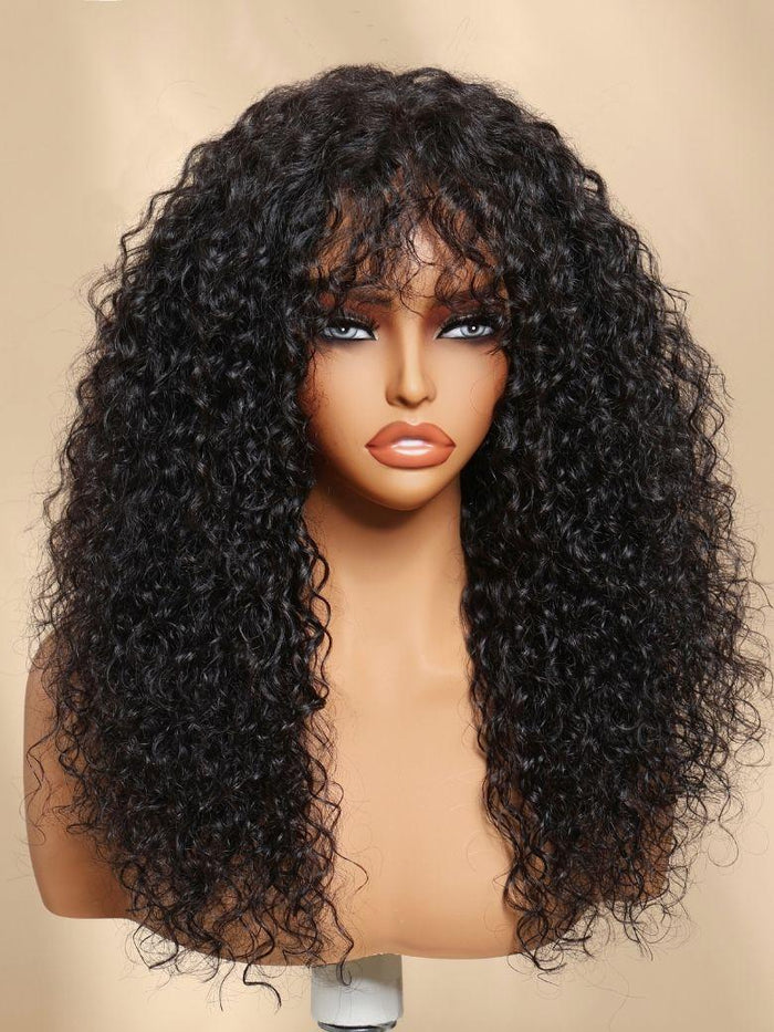 Shaggy Lace Wig Natural Black Defined Curly Wig with Bangs for Beginner 4x0.75 Lace